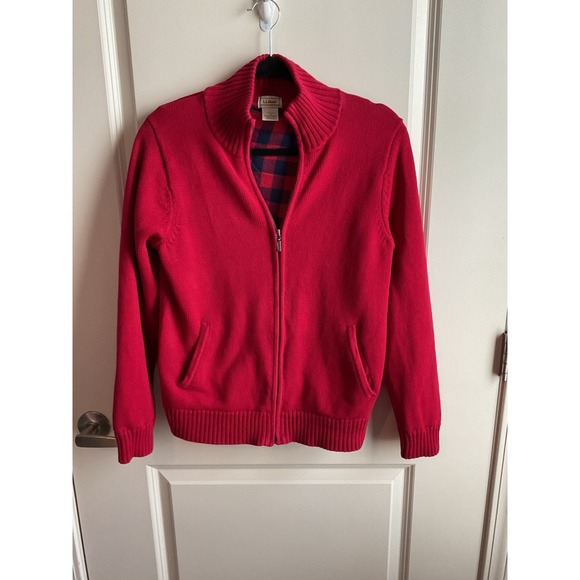 L.L. Bean Full Zip Sweater Jacket‎ Red Cotton Blend Plaid Lined - Picture 1 of 11